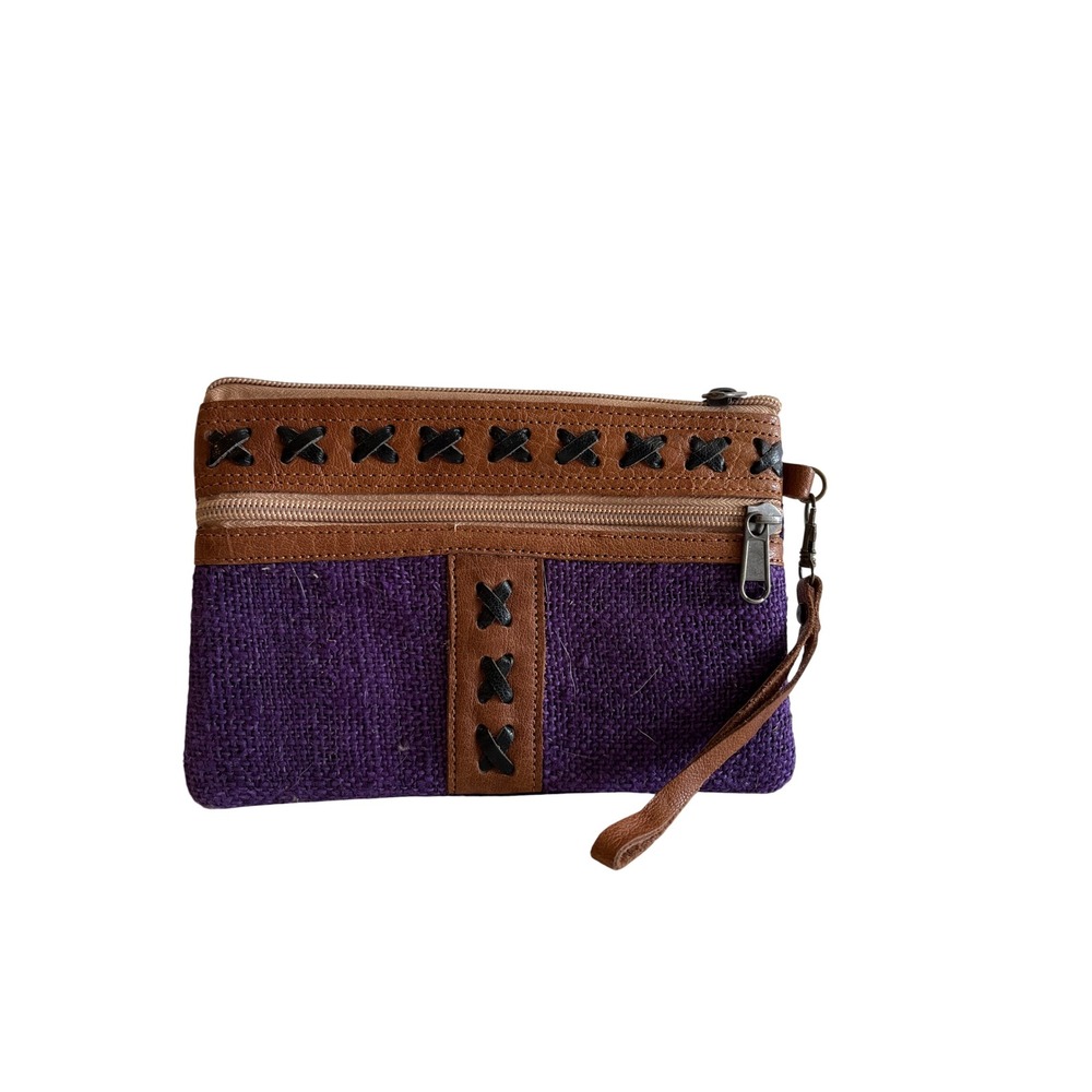 Purple Jute and Brown Faux Leather Wristlet Clutch Boho Cross Stitch Pouch Bag